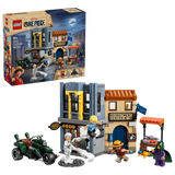 LEGO One Piece Showdown with Captain Smoker 75642 box beside the completed market set and minifigures 