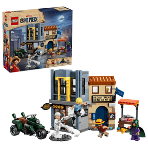 LEGO One Piece Showdown with Captain Smoker 75642 box beside the completed market set and minifigures 