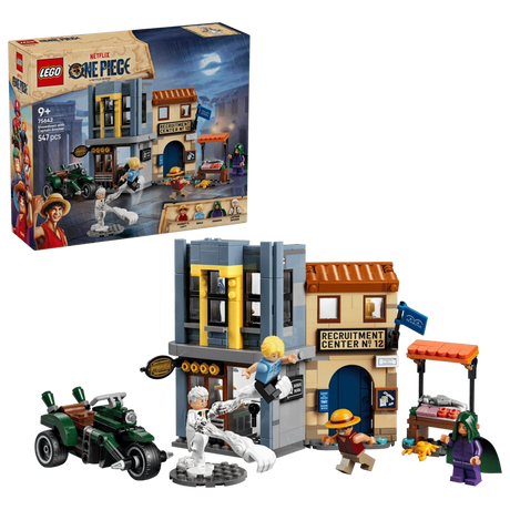 LEGO One Piece Showdown with Captain Smoker 75642 box beside the completed market set and minifigures 