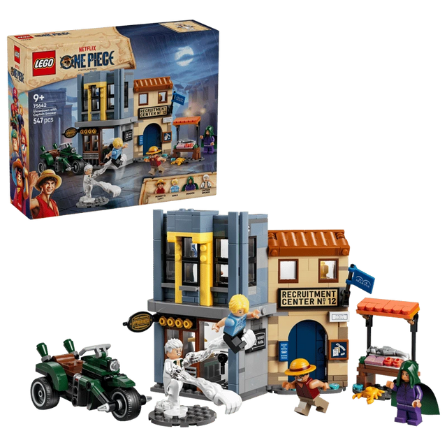 LEGO One Piece Showdown with Captain Smoker 75642 box beside the completed market set and minifigures 