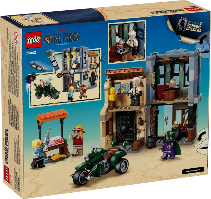 Back of the LEGO One Piece Showdown with Captain Smoker 75642 box showing the market buildings, motorcycle, minifigures and action features