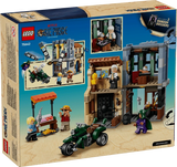 Back of the LEGO One Piece Showdown with Captain Smoker 75642 box showing the market buildings, motorcycle, minifigures and action features