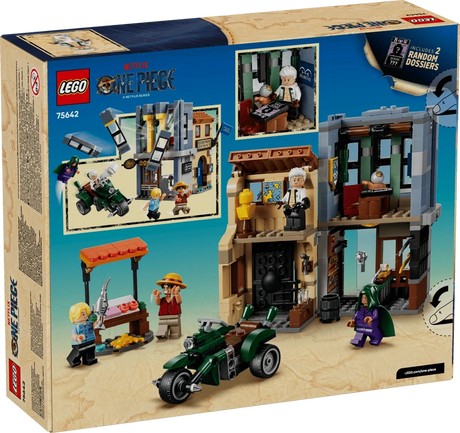 Back of the LEGO One Piece Showdown with Captain Smoker 75642 box showing the market buildings, motorcycle, minifigures and action features