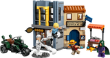 Completed LEGO One Piece Showdown with Captain Smoker 75642 market scene with the motorcycle and four minifigures