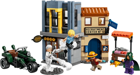 Completed LEGO One Piece Showdown with Captain Smoker 75642 market scene with the motorcycle and four minifigures
