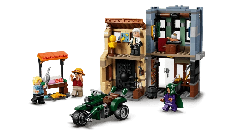 Interior view of the LEGO One Piece Showdown with Captain Smoker 75642 market buildings with the fish stall, motorcycle and minifigures
