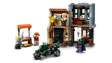 Interior view of the LEGO One Piece Showdown with Captain Smoker 75642 market buildings with the fish stall, motorcycle and minifigures