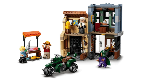 Interior view of the LEGO One Piece Showdown with Captain Smoker 75642 market buildings with the fish stall, motorcycle and minifigures