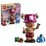 LEGO One Piece Tony Tony Chopper 75643 box beside the completed figure, display stand, blue backpack and accessories 