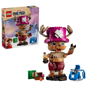 LEGO One Piece Tony Tony Chopper 75643 box beside the completed figure, display stand, blue backpack and accessories 