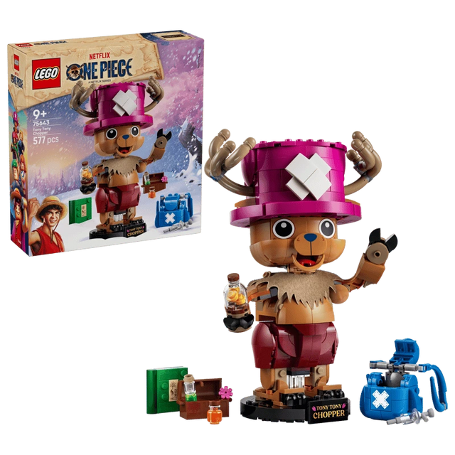 LEGO One Piece Tony Tony Chopper 75643 box beside the completed figure, display stand, blue backpack and accessories 