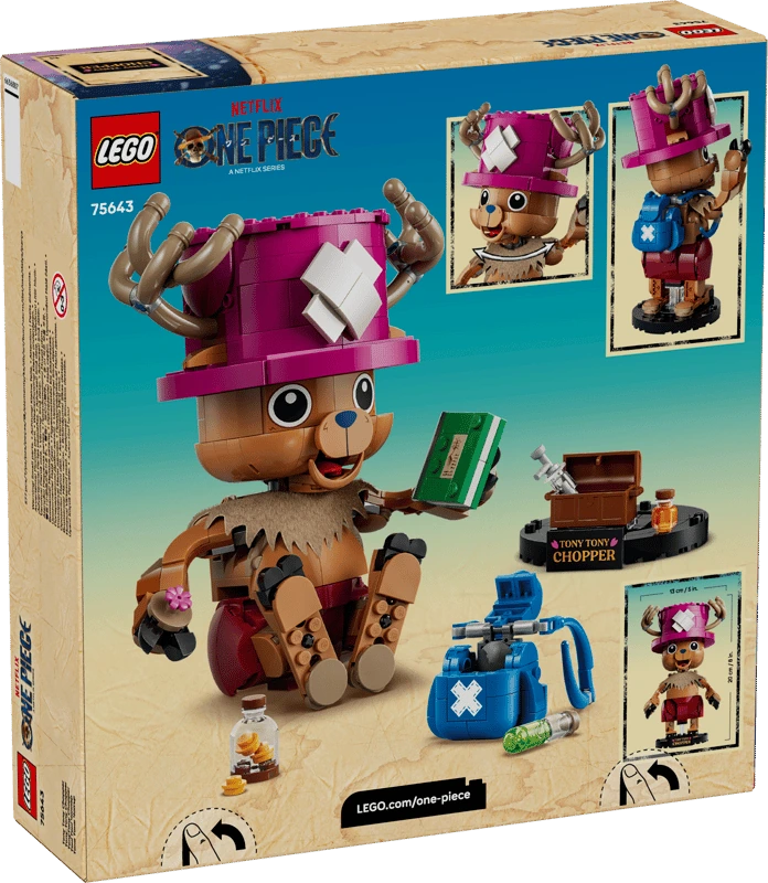 Back of the LEGO One Piece Tony Tony Chopper 75643 box showing the completed figure, seated pose, backpack and accessories