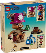 Back of the LEGO One Piece Tony Tony Chopper 75643 box showing the completed figure, seated pose, backpack and accessories