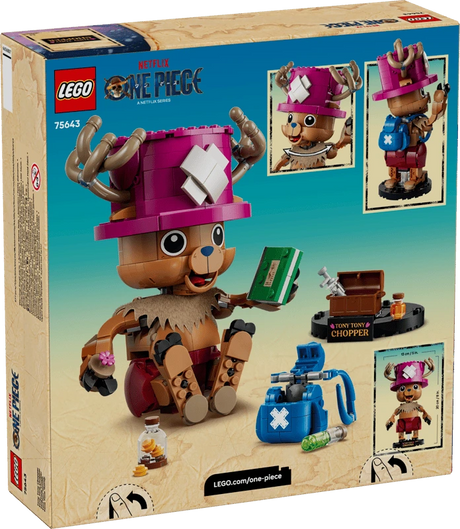 Back of the LEGO One Piece Tony Tony Chopper 75643 box showing the completed figure, seated pose, backpack and accessories