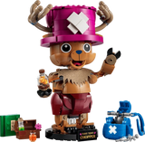 Completed LEGO One Piece Tony Tony Chopper 75643 model holding a bottle beside a blue backpack and small accessories