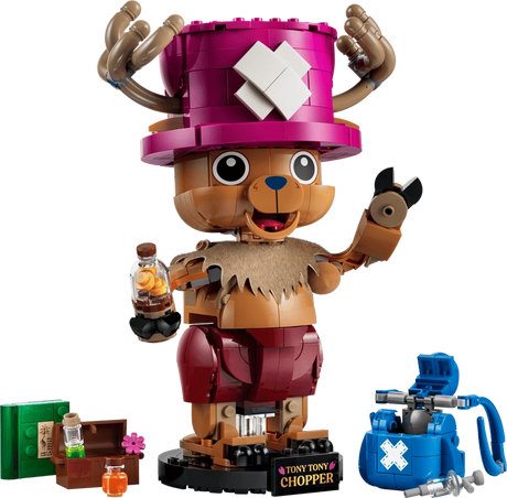 Completed LEGO One Piece Tony Tony Chopper 75643 model holding a bottle beside a blue backpack and small accessories