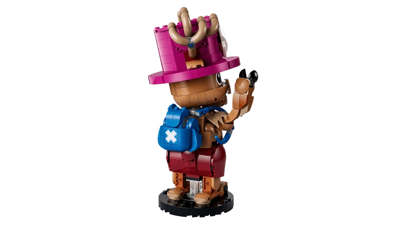 Rear view of the LEGO One Piece Tony Tony Chopper 75643 figure wearing the blue backpack and holding a black accessory