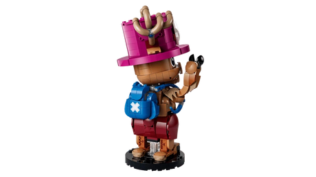 Rear view of the LEGO One Piece Tony Tony Chopper 75643 figure wearing the blue backpack and holding a black accessory