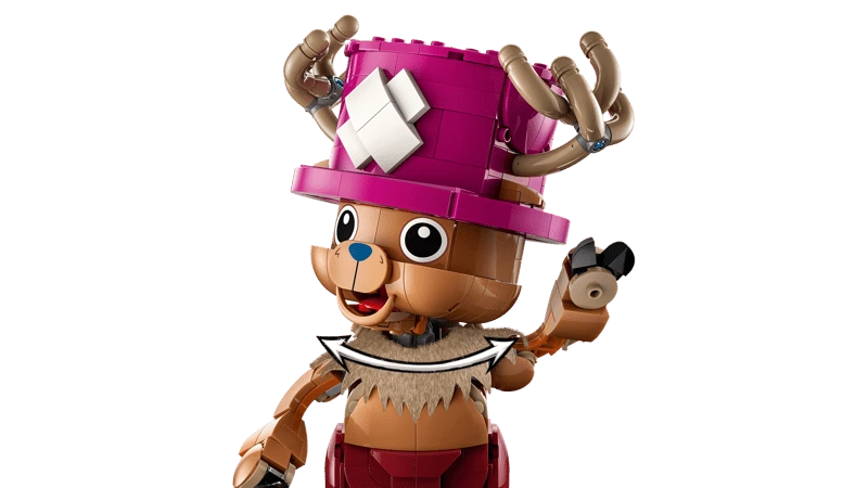 Close-up of the LEGO One Piece Tony Tony Chopper 75643 figure with one arm raised holding a black accessory