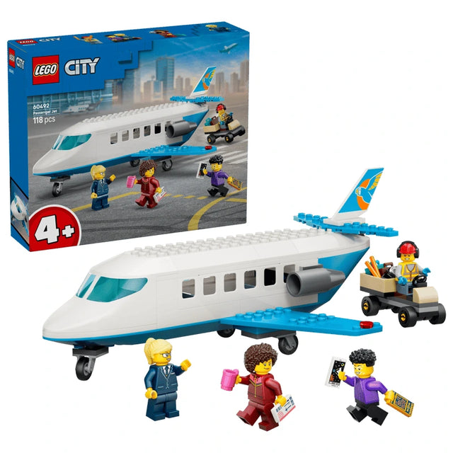 LEGO City Passenger Jet box with completed plane, luggage cart and four minifigures