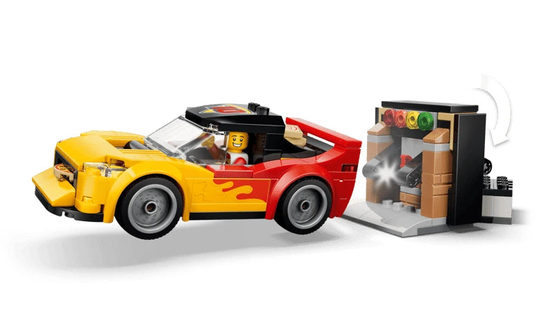 LEGO pizza delivery sports car driving out of a garage with lights