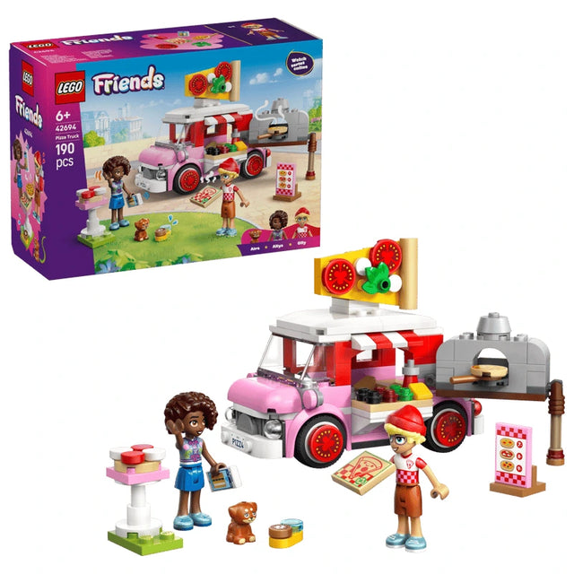 LEGO Pizza Truck 42694 box with pizza truck build, mini-dolls, puppy figure and table