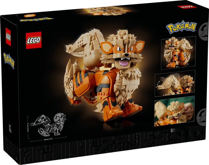 Back of the LEGO Pokémon Arcanine 72160 box showing the completed model and movement feature images