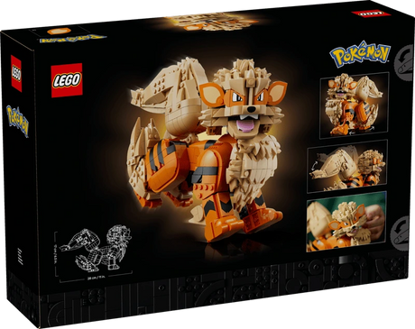 Back of the LEGO Pokémon Arcanine 72160 box showing the completed model and movement feature images