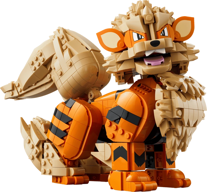 Side three quarter view of the LEGO Pokémon Arcanine 72160 model showing its large curled tail