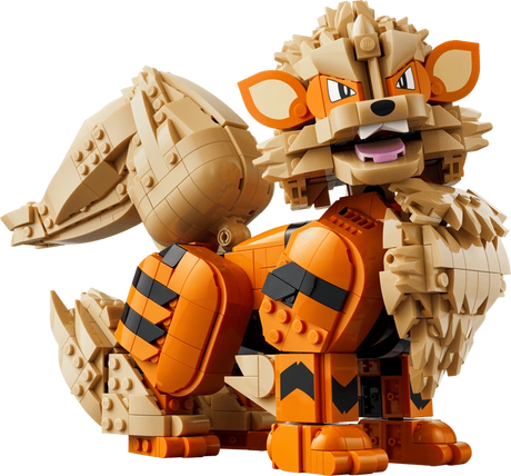 Side three quarter view of the LEGO Pokémon Arcanine 72160 model showing its large curled tail