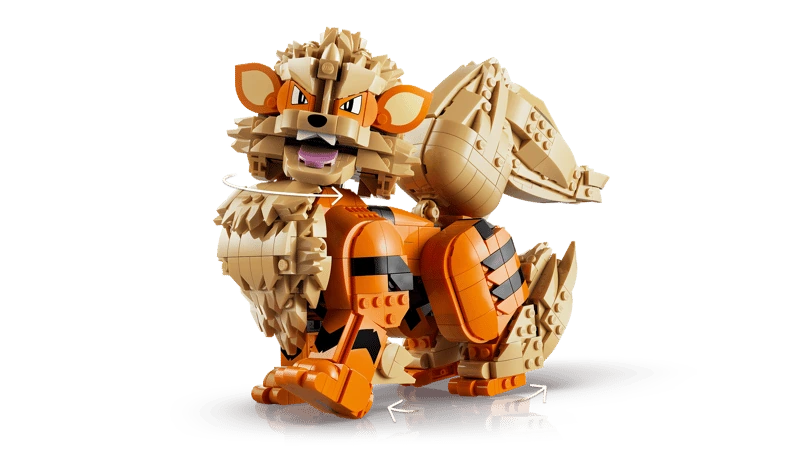 LEGO Pokémon Arcanine 72160 side view with arrows showing head and leg movement