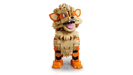 Front view of the LEGO Pokémon Arcanine 72160 model with its head turned and mouth open