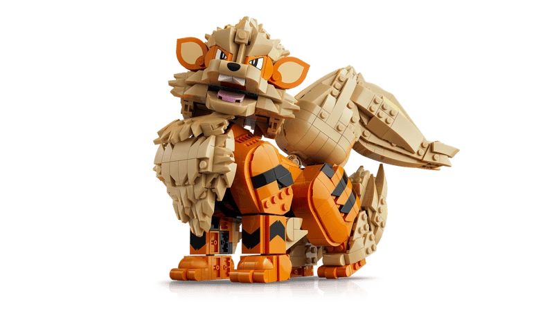 Side three quarter view of the LEGO Pokémon Arcanine 72160 model showing its large curled tail
