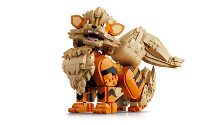 Side three quarter view of the LEGO Pokémon Arcanine 72160 model showing its large curled tail