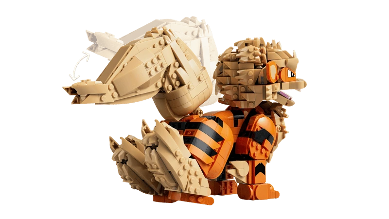 Rear side view of the LEGO Pokémon Arcanine 72160 model with arrows showing tail movement