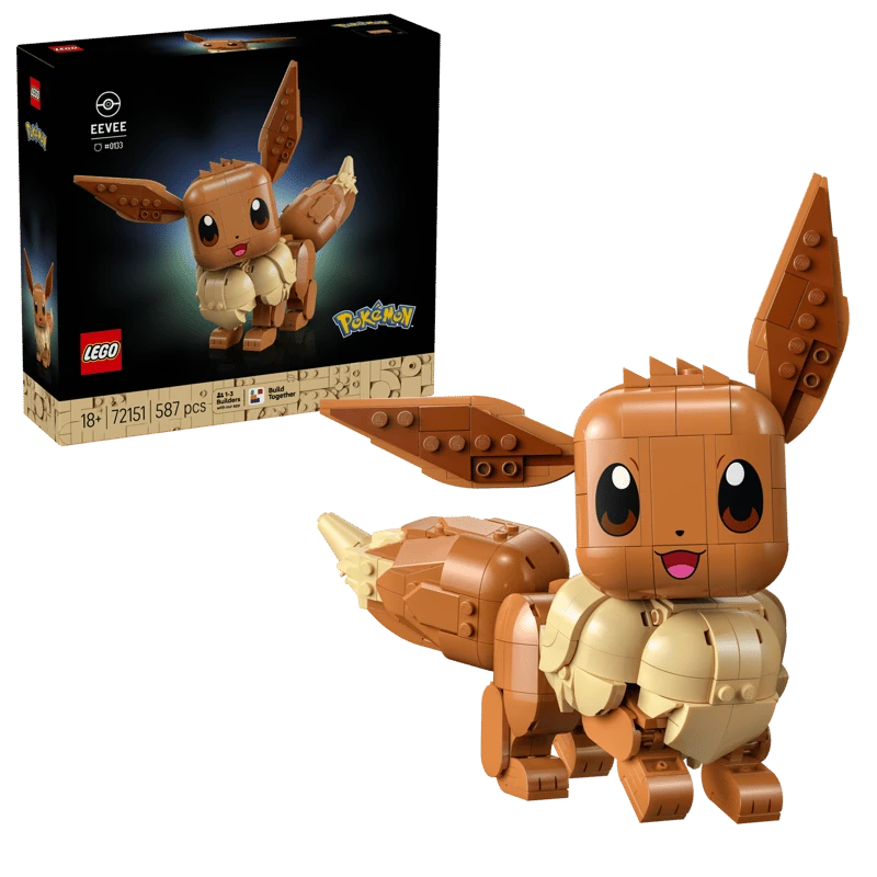 LEGO Pokémon Eevee 72151 model shown beside the product box
