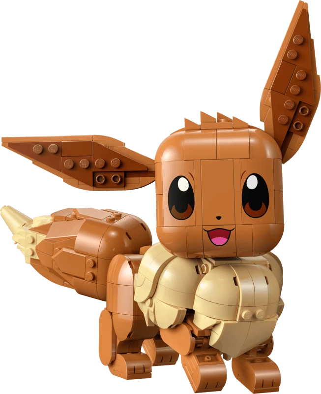 LEGO Pokémon Eevee 72151 model close up with large ears, cream collar and curled tail
