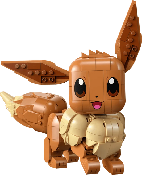 LEGO Pokémon Eevee 72151 model close up with large ears, cream collar and curled tail