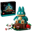 LEGO Pokémon Munchlax 72150 box beside the completed model seated on a tree stump