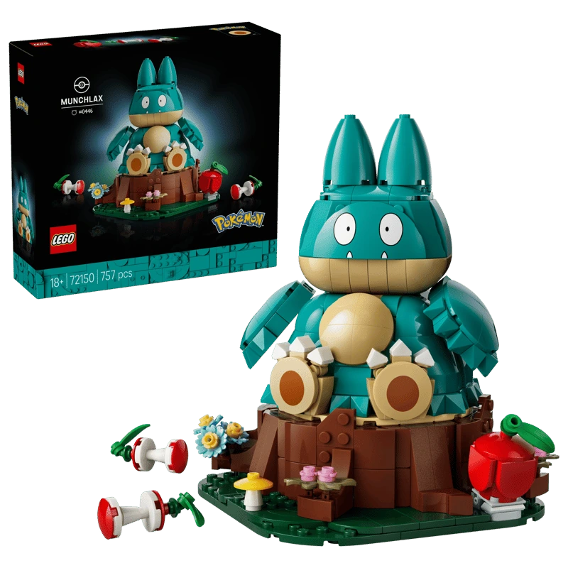 LEGO Pokémon Munchlax 72150 box beside the completed model seated on a tree stump