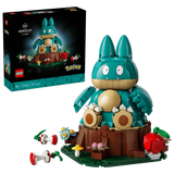 LEGO Pokémon Munchlax 72150 box beside the completed model seated on a tree stump