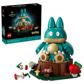 LEGO Pokémon Munchlax 72150 box beside the completed model seated on a tree stump