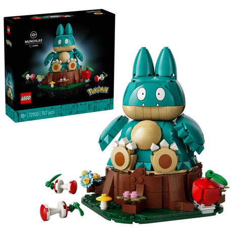 LEGO Pokémon Munchlax 72150 box beside the completed model seated on a tree stump