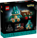 Back of the LEGO Pokémon Munchlax 72150 box showing the completed model, tree stump and pose feature images