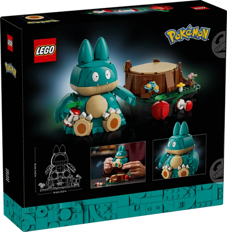 Back of the LEGO Pokémon Munchlax 72150 box showing the completed model, tree stump and pose feature images