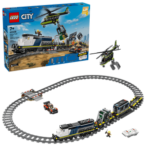 LEGO Police Train Heist box beside the full train set with oval track, helicopter, rally car and remote control