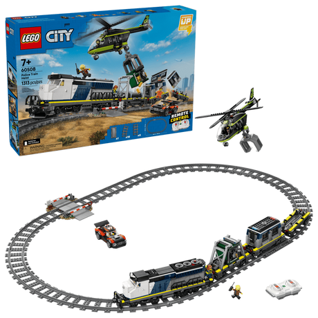 LEGO Police Train Heist box beside the full train set with oval track, helicopter, rally car and remote control