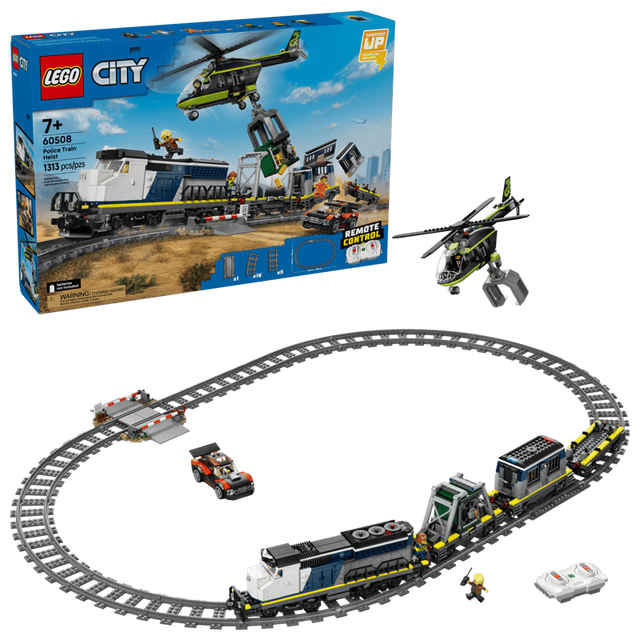 LEGO Police Train Heist box beside the full train set with oval track, helicopter, rally car and remote control