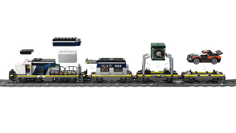 LEGO Police Train Heist train with locomotive, prison car, safe lifting frame and rally car flatcar shown side on