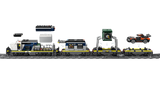 LEGO Police Train Heist train with locomotive, prison car, safe lifting frame and rally car flatcar shown side on
